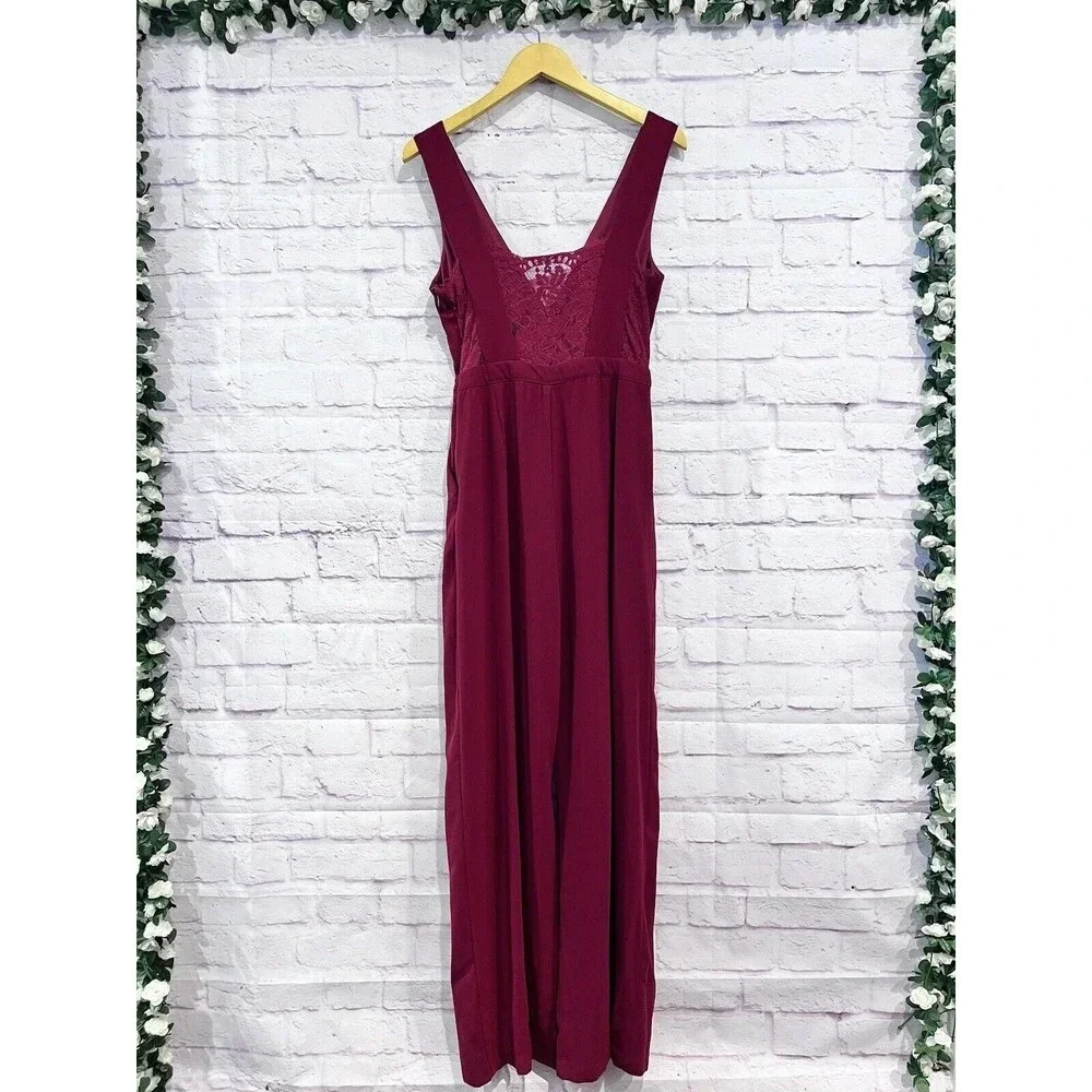 Lulu’s Women's Burgundy Kiska Lace Back Wide Leg Jumpsuit side Pockets Medium - Picture 4 of 16